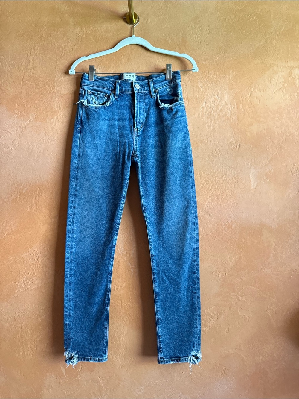 AGOLDE Toni Mid Rise Straight Jeans Distressed Blue Size 26